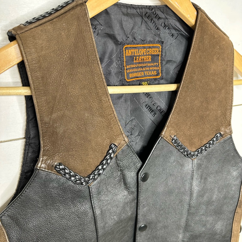 **SOLD**Vintage Antelope Creek Leather Western Vest Black Brown Braided Classic - Picture 5 of 10